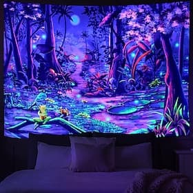 Blacklight Tapestry UV Reactive Glow in the Dark Glow Party Neon Wonderland Psychedelic Trippy Misty Hanging Tapestry Wall Art Mural for Living Room Bedroom