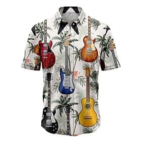 Homme Guitare Notes de Musique Chemise Chemise hawaïenne Chemise Boutonnée Manches courtes Tropical Mode Hawaïen Rue Occasionnel Hawaïen Été Printemps Col Raba
