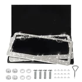 2 Pack Bling License Plate Frames for Women Sparkly Rhinestone Diamond Car Accessories for Women Handcrafted Stainless Steel Car License Plate Cover with Glitt