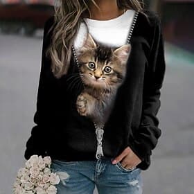 Women's Plus Size Sweatshirt Pullover Cat Street Casual Sports Basic Round Neck Long Sleeve Top Micro-elastic Fall Winter Comfrt Breathable Soft Fabric