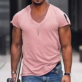 Homme T-shirt Manche Courte Col en V Printemps Été Uni Mode Streetwear Rose Sport Loisir Sport Sortir Noir Blanche Rose Claire T-shirt haut de gamme pour hom
