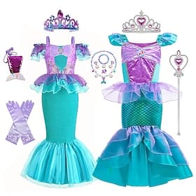 La Petite Sirène, queue de sirène, Ariel, robe de princesse Aqua, costume de fête à thème, cosplay de film pour filles, perruque, accessoires, ensemble de robe