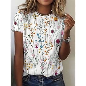 t-shirt femme basique imprimé patchwork floral manches courtes hauts réguliers col rond décontracté quotidien vacances blanc