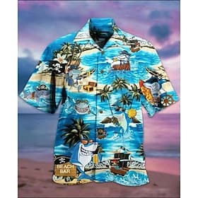 Men's Shark Fish Palm Tree Casual Shirt Summer Hawaiian Shirt Camp Collar Shirt Short Sleeves Shirt Turndown Hawaiian Designer Casual Going out A D G 3D Print