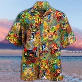 Hombre Gato Tropical Cuadro al Óleo Camisa camisa hawaiana Manga Corta Camisa Cuello Vuelto Tropical Moda Hawaiano Casual Hawaiano Festivos Rojo Azul Piscina M