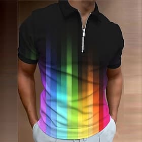 Men's Rainbow Zip Polo Shirts Golf Shirt Short Sleeve Polo Shirts Collared Shirts Casual Vacation Wear Rave Wear Party Outfits 3D Print Quarter Zip Polo Rainbo