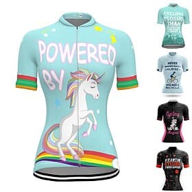 Damen Radtrikot Grafik Regenbogen Einhorn Kurzarm Fahhrad Trikot Oberteil mit 3 Gesäßtaschen Mountainbike MTB Straßenradsport Schnelltrocknend Weich Reflektier