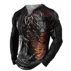 Men's Graphic Animal Dragon T Shirt Tee Long Sleeve T shirt 3D Print Collar Shirt Fashion Designer Comfortable Casual Daily Going out Black Spring Fall Cloth