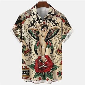 Men's Floral Mermaid Pirate Shirt Summer Hawaiian Shirt Aloha Shirt Short Sleeves Shirt Turndown Vintage Tropical Fashion Street Casual Hawaiian Apricot Black