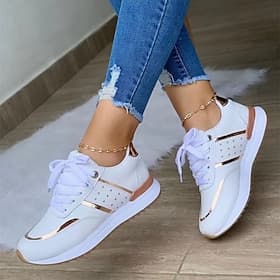 Weiße Damen-Sneaker mit roségoldenen Akzenten – stylische Schnürschuhe für unterwegs, die Arbeit und den Alltag