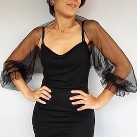 Mesh Bolero Long Puff Ruffles Sleeve See Through Cover Up Shrug Tulle Bolero Bridal Organza Wedding Guest Fashion Women's Wrap Sun Protection All-Match Spring