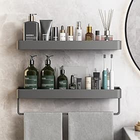 Shower Caddy Bathroom Shelves Wall Mounted Gun Grey Storage Organizer Rack Bathroom Kitchen Bathroom Hardware Pendant Bathroom Shelf Space Aluminum Shower Rack