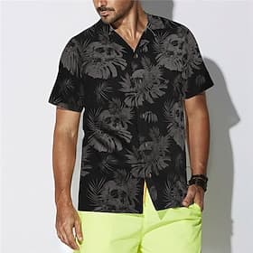 Men's Skull Leaves Tropical Plants Shirt Summer Hawaiian Shirt Aloha Shirt Short Sleeve Shirt Turndown Tropical Fashion Hawaiian Casual Hawaiian Holiday Black