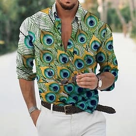 Men's Feather Shirt Aloha Shirt Long Sleeve Fashion Designer Casual Daily Outdoor Vacation Spring Summer Stand Collar 3D Print Button-Down White Black / Green