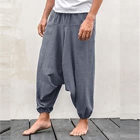 Men's Linen Pants Trousers Summer Pants Bloomers Beach Pants Drawstring Baggy Drop Crotch Plain Breathable Gym Yoga Linen / Cotton Blend Classic Casual Loose F