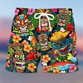 Men's Mask Flower / Plants Swimming Trunks Board Shorts Swim Shorts Mid Waist Hawaiian Ethnic Boho Casual Daily Holiday Drawstring with Mesh lining Elastic Wai