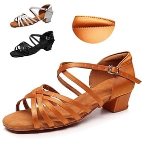 Women's Tan Strappy Low Heel Latin Dance Shoes with Soft Suede Sole – Breathable Satin Ballroom Sandals for Practice Performance