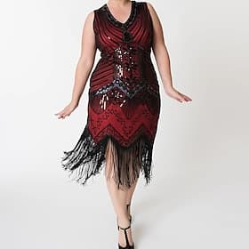 Goldene Zwanziger 1920er Midlänge Kleid Flapper Kleid Abschlussballkleid Übergröße Normal Ärmellos Der große Gatsby Charleston Hochzeitsgast Pailletten V Aussc