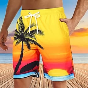 Men's Graphic Coconut Tree Swim Trunks Swim Shorts Board Shorts Mid Waist Streetwear Hawaiian Boho Casual Daily Holiday Drawstring Elastic Waist 3D Print Desig