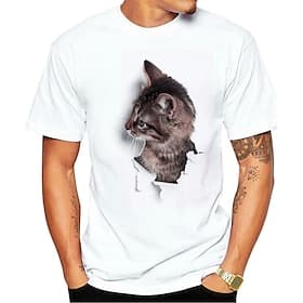 Men's Cool DJ Cat Graphic T-Shirt with Headphones Sunglasses, White Short Sleeve Tee