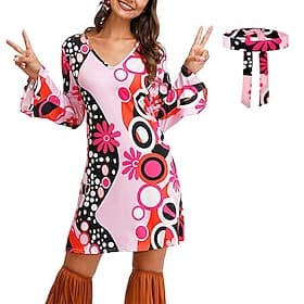 Hippie Retro Vintage 1970er Disko Kleid Kopfbedeckung Kopfbedeckungen Damen Kostüm Jahrgang Cosplay Party Abend Langarm Kleid Schlager Outfit