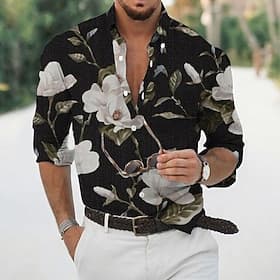 Men's Floral Shirt Long Sleeve Sports Fashion Streetwear Outdoor Casual Daily Fall Winter Turndown Print Button-Down Black White Pink Dark Green Beige