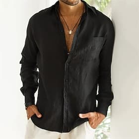 Men's Linen Shirt Summer Shirt Beach Wear Button Up Shirt Plain Vacation Casual Black Blue Brown Khaki Long Sleeve Turndown Spring Fall Clothing Apparel Fron