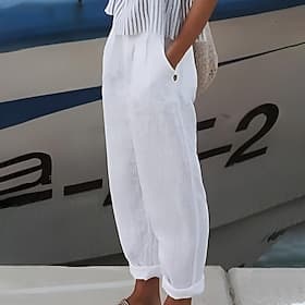 Femmes Grande taille Pantalon d'été 100% Coton Simple Occasionnel Confort Longueur cheville Naturel Couleur Unie Micro-Élastique Maison Rue Bleu Kaki Blanche V