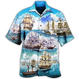 Voor heren Boot Zeegezichtpatroon Overhemd Hawaiiaans overhemd Aloha-shirt Korte mouw Overhemd Cubaanse kraag Tropisch Modieus Streetwear Casual Hawaii Feestda