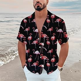 Voor heren Bloemig Flamingo Tropisch Overhemd Hawaiiaans overhemd Aloha-shirt Korte mouw Overhemd Strijkijzer Tropisch Modieus Streetwear Casual Strand Hawaii