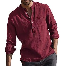 Homme Chemise Lin Chemise à col officier Chemisette Chemise d'été Tenues de plage Couleur unie du quotidien Hawaïen Noir Blanche Vin bleu marine manche longue