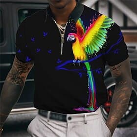 Men's Parrot Hawaiian Polo Shirts Golf Shirt Short Sleeve Polo Shirts Collared Shirts Casual Funny Beach Wear Vacation Wear Party Outfits 3D Print Quarter Zip