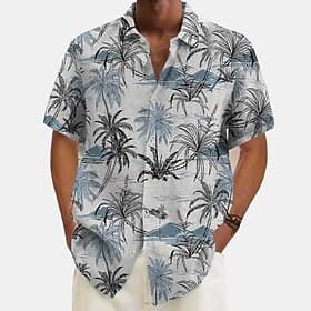 Men's Linen Shirt Beach Shirt Summer Hawaiian Shirt Button Up Shirt Coconut Tree Vacation Hawaiian White Green Khaki Dark Blue Short Sleeve Lapel Spring Summe