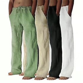 Men's Linen Pants Trousers Summer Pants Drawstring Pocket Plain Comfort Lightweight Full Length Yoga Casual Daily Basic Straight Loose Fit Black White Micro-el