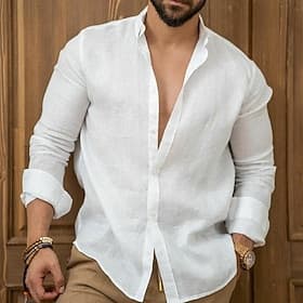 Men's Linen Shirt Summer Shirt Beach Wear Casual Shirt Button Up Shirt Untucked Shirts Plain Vacation Casual Black White Pink Navy Blue Long Sleeve Lapel Sprin