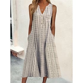 Women's Midi Dress Linen-feel Dresses Shift Dress Sundress Active Fashion Daily Outdoor Weekend Loose Fit Plaid Sleeveless V Neck Blue Black Purple Khaki Summe