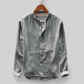 Men's Cotton Linen Shirt Summer Shirt Casual Shirt Beach Shirt Button Up Shirt Plain Vacation Casual Yellow Navy Blue Khaki Gray Long Sleeve Grandad Collar Spr