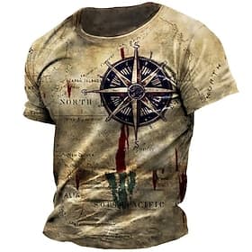 Men's Graphic Nautical Compass T Shirt Tee Distressed T Shirt Short Sleeve T shirt 3D Print Crew Neck Shirt Vintage Fashion Designer Outdoor Casual Daily Khaki