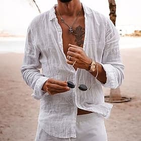 Men's Linen Shirt Casual Shirt Beach Shirt Button Up Shirt Untucked Shirts Plain Beach Vacation Black White Pink Navy Blue Long Sleeve Lapel Spring Summer Clo