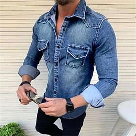Homme Chemise en Jean Couleur Unie Quotidien Voyage Bleu Noir Bleu clair manche longue Col Printemps Automne Vêtement Tenue Boutonné