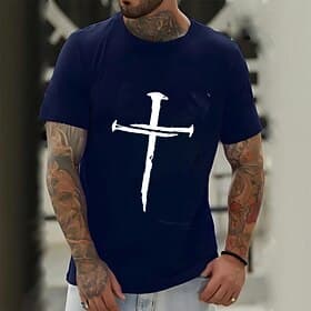 Camiseta gráfica de manga corta negra para hombres - Camiseta de fe con cruz de uñas desgastadas
