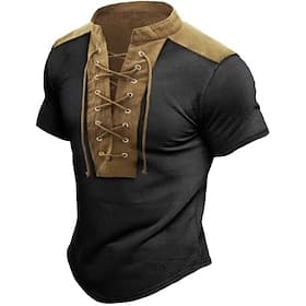 Men's T Shirt Tee Short Sleeve Collar Summer Color Block Vintage Fashion Lace up Print Casual Daily Sports Dark Brown Drak Gray Blue Top Tee for Men
