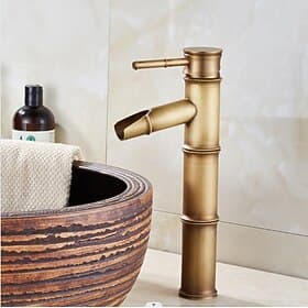 Vintage Bathroom Sink Mixer Faucet Bamboo Shape, Retro Style Monobloc Washroom Basin Taps, Antique Brass Single Handle One Hole Deck Mounted with Hot and Cold