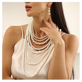 Pearl Choker Necklace Earings 2 Pcs Flapper Accessories Vintage 1920s Roaring 20s Art Deco for Women