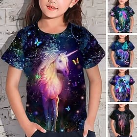 Fille 3D Animal Licorne T-shirt Manche Courte 3D effet Eté Printemps Actif Mode Le style mignon Enfants 3-12 ans Extérieur du quotidien Intérieur Standard