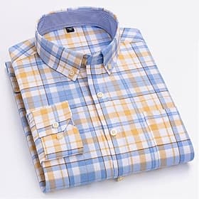 Men's Dress Shirt Button Down Shirt Oxford Shirt Non Iron Shirt Stripes and Plaid Vacation Wedding Light Yellow Denim Blue White Yellow Long Sleeve Turndown Al