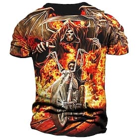 Men's Graphic Skull Flame Motorcycle T Shirt Motorcycle T Shirt Short Sleeve T shirt 3D Print Crew Neck Shirt Vintage Fashion Designer Outdoor Daily Sports Blu