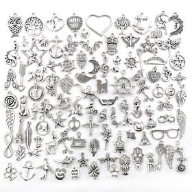 100 PCS Bulk Lots Jewelry Making Silver Charms Mixed Smooth Tibetan Silver Metal Charms Pendants DIY For Necklace Bracelet Jewelry Making And Crafting Valentin