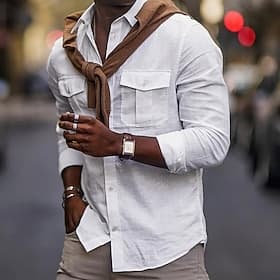 Men's Shirt Cotton Linen Shirt White Cotton Shirt Summer Shirt Beach Shirt Plain Hawaiian Holiday Black White Blue Khaki Long Sleeve Lapel Spring Summer Cloth