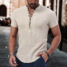 Homme Chemise en lin Chemise popover Chemise d'été Tenue de plage Chemise Décontractée Chemise à col officier Uni Occasionnel Quotidien Bleu Noir Blanche Vin M